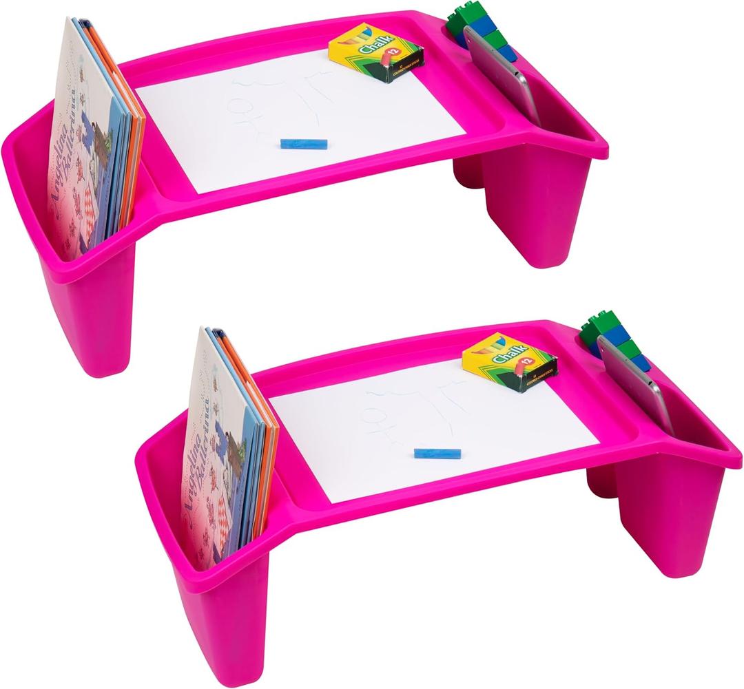 Mind Reader Kids Lap Desk, Portable Activity Tray with Side Storage, Stackable Plastic Desk for Drawing, Snacks, Study, Set of 2, Pink