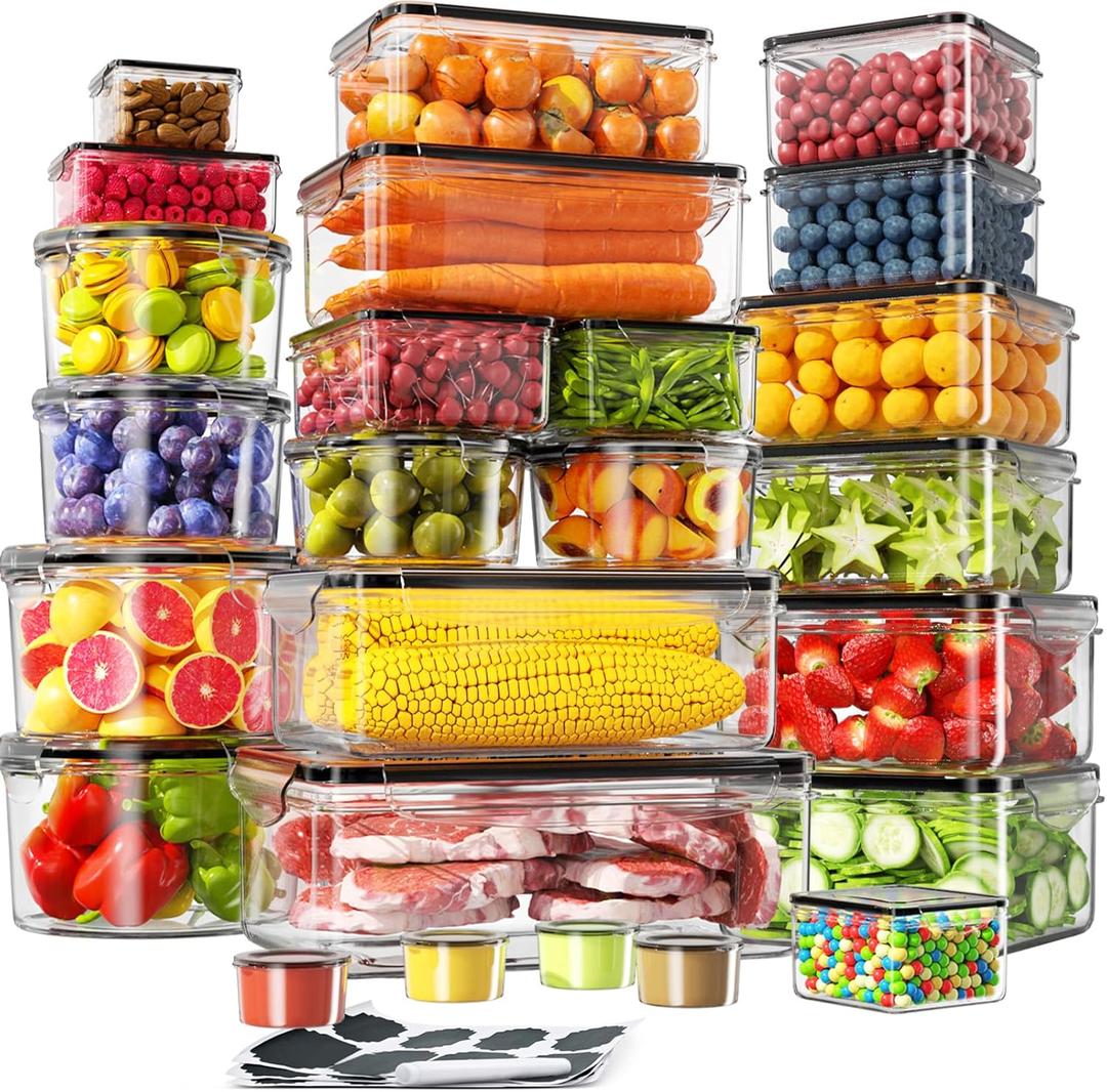 50 PCS Food Storage Containers with Lids (25 Containers & 25 Lids), 100% Leakproof Plastic Meal-Prep Containers Reusable, Microwave and Dishwasher Safe, Includes Labels & Pen