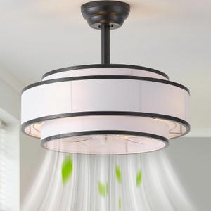 20" Caged Ceiling Fans with Lights and Remote, Fandelier Ceiling Fan with Light, Modern Bladeless Quiet Reversible Motor 6 Speeds for Bedroom, Nursery, Living Room, Black