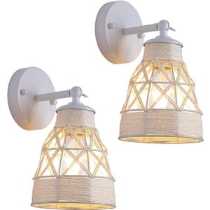 Dijiahua White Wall Sconces Set of 2, Bohemian Modern Light Fixtures with Metal Shade, Farmhouse Handmade Hemp Rope Woven Rattan Craft to Decor Indoor Bedroom, Living Room, Hallway, Kitchen