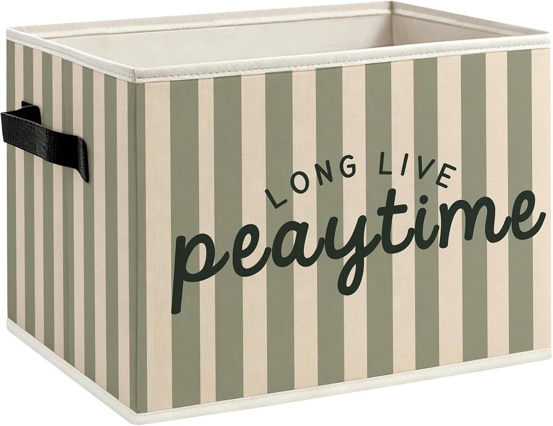 Kids Playroom Foldable Storage Bins Box with Handles, Long Live Playtime Retro Green Striped Decorative Storage Boxes Baskets Toybox Organizer for Kids Nursery Room Bedroom Playroom