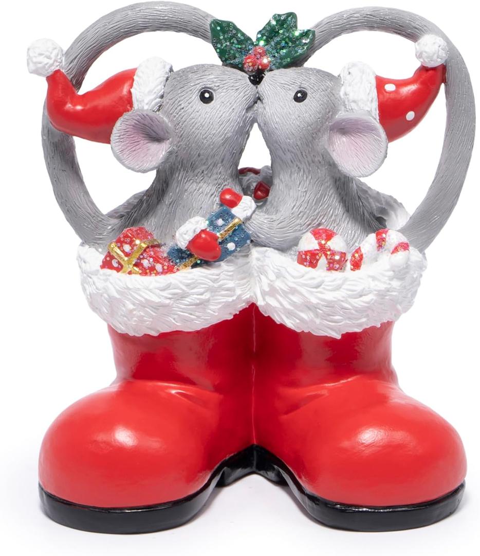 Hodao Christmas Mouse Figurines in Red Santa Shoe  Cute Holiday Couple with Gifts & Ornaments, Festive Home Table Shelf, Entryway, Mantel Decoration (Red)
