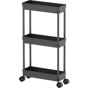 Sooyee 3 Tier Rolling Cart with Wheels,Slim Storage Cart,Narrow Storage Cabinet,Under Desk Storage,Rolling Utility Cart Storage Organizer for Office Bathroom Kitchen Laundry Room Narrow Places, Black