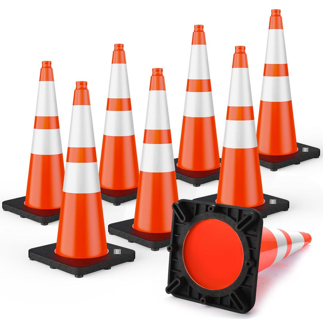 BATTIFE 28 Inch Traffic Cones with Black Weighted Base, PVC Orange Safety Cones for Traffic Control, Construction Events, Driveways, and Parking Lots (8 Pack)
