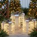 EAMBRITE White Christmas Decorations, Set of 3 Christmas Lighted Gift Boxes, 48 LED Light Up Present Boxes for Indoor Outdoor Party Yard Home Holiday Decorations (White and Silver)