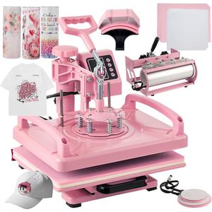5 in 1 Heat Press Machine 12x15 Inch, Heat Press Machine for T Shirts Hat Cap Mug Plate 360 Swing Away, Sublimation Heat Press Heat Transfer Machine W/ 30OZ Tumbler Press Pink