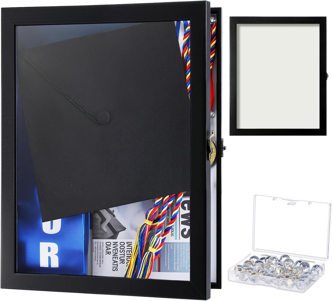 DoubleFill Graduation Shadow Box, 16 x 20 Inch Large Graduation Shadow Frame with Glass Window and Metal Lock, for Graduation Keepsake Memorabilia Pictures Flowers Medals Tickets