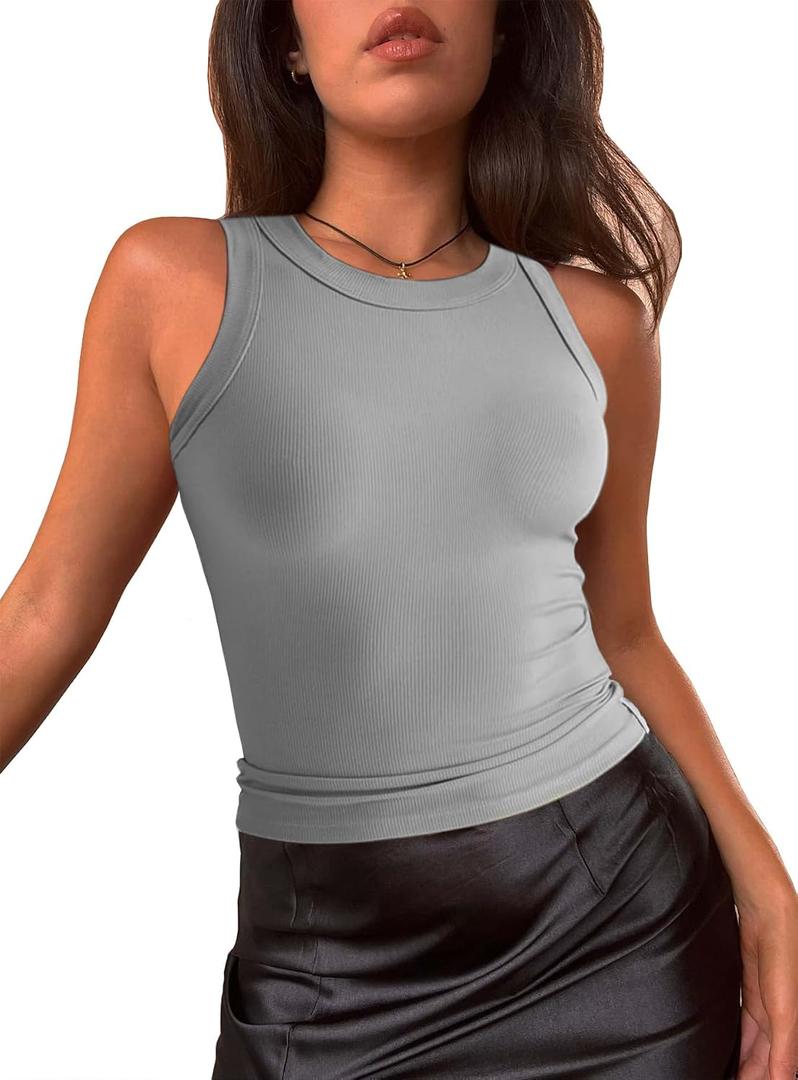 Women's Sexy Crew Neck Sleeveless Tank Tops Racer Back Seamless Ribbed Y2K Cropped Tank Yoga Crop Tops (Gray, M)