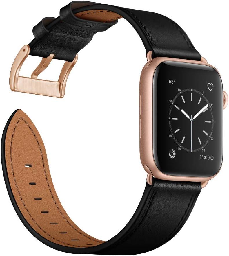 OUHENG Leather Bands Compatible with Apple Watch Band 44mm/45mm/46mm/49mm/42mm, Genuine Leather Strap for iWatch Series 11/10/9/8/7/6/5/4/3/2/1 & Ultra 3/2/1 & SE3 SE2 SE Men Women Black Rose Gold