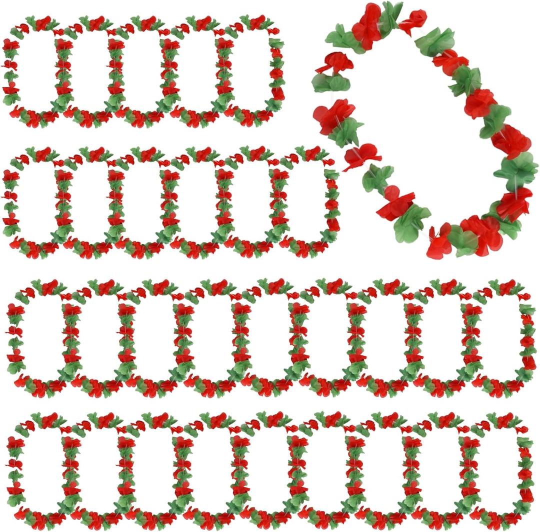 30 Pack Christmas Leis Red and Green Leis Garlands Hawaiian Luau Flower Necklace for Christmas Cosplay Beach Wedding Carnival Themed Party Decorations Event Luau Part