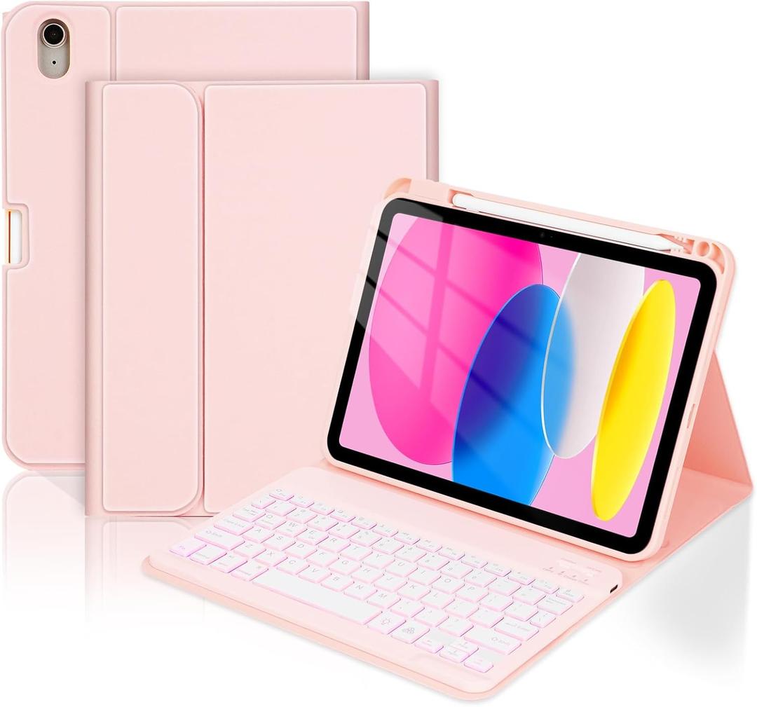 Folio Keyboard Case for iPad (A16) 11th Generation 11 Inch (2025), iPad 10th Generation 10.9 Inch (2022), Wireless Detachable Keyboard, 7-Color Backlight, Pencil Holder (Light Pink)