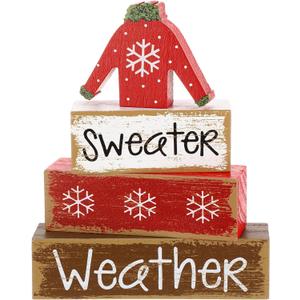 Chunful 4 Pcs Christmas Table Decor Wooden Ugly Sweater Decoration Christmas Tiered Tray Decor Decorative Sweater Table Centerpiece Rustic Farmhouse Xmas Block Signs Gift for Home Kitchen Office