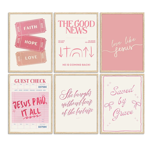 6pcs Pink Christian Bible Wall Art Religious Preppy Painting Picture Wall Decor Pink Christian Encouragement Poster Print Artwork for Bedroom Living Room Office Dorm Room Decoration Unframed
