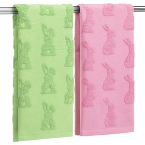 Remagr 2 Pcs Easter Bunny Hand Towels for Bathroom 3D Cotton Embroidery Kitchen Towels Spring Rabbit Bunny Plush Bath Green Pink Decorative Bath Towel Set for Kitchen Bathroom Decor