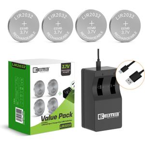 EEMB 2032 Rechargeable Batteries with Charger LIR2032 3.7V Lithium-ion Coin Button Cell Batteries 45mAh Remote Key Fob Watch 4PCS
