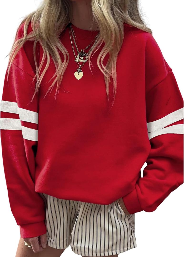 SELINK Womens Varsity Striped Oversized Sweatshirt Crewneck Long Sleeve Casual Fashion Pullover Top Fall Outfits (Medium, Red)