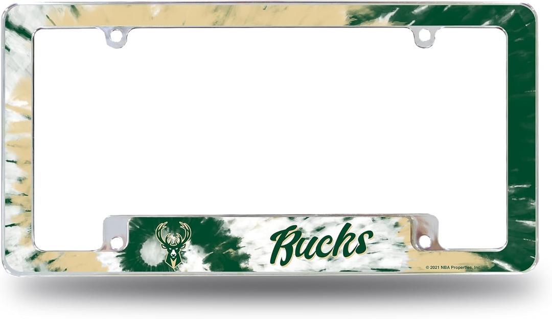 Rico Industries NBA Milwaukee Bucks Tie Dye 12" x 6" Chrome All Over Automotive License Plate Frame for Car/Truck/SUV