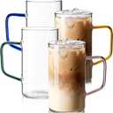 COMI Glass Coffee Mugs Set of 4, 17 oz Large Clear Coffee Cups with Colorful Handles, Hand Blown & Seamless Design, Heat Resistant and Explosion-Proof, Lightweight Tea Mugs for Home,Cafe
