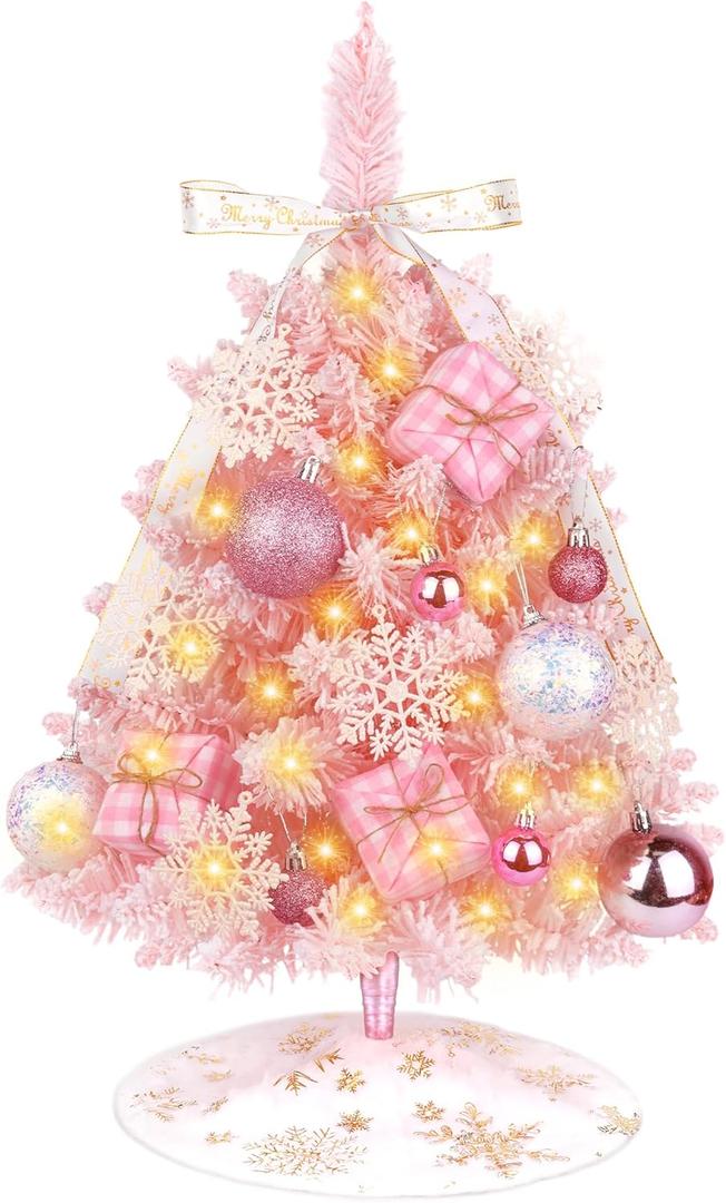 Mini Pink Christmas Tree with Lights, 2ft/24 Inch Artificial Small Table Top Christmas Tree Decor with Bow Ribbon Decor, Hanging Ornaments, Tree Skirt, 21 Pcs Pink Mini DIY Kids Xmas Trees