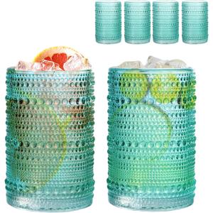 Set of 4 Hobnail Drinking Glasses, 15oz, Vintage Jupiter Drinking Glasses,Embossed Old Fsahioned Glassware for Beer,Water,Juice,Cocktail,Whiskey,Gift (Pool Blue, Large)