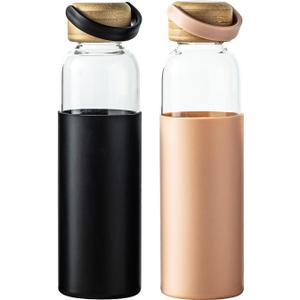 21oz Borosilicate Glass Water Bottles with Silicone Non-Slip Sleeve & Leak-Proof Lid-Reusable Drink Bottle for Office,Travel,Gym,Hiking-BPA Free,Ideal Gift for Home,Car &Fitness (Pink+Black)