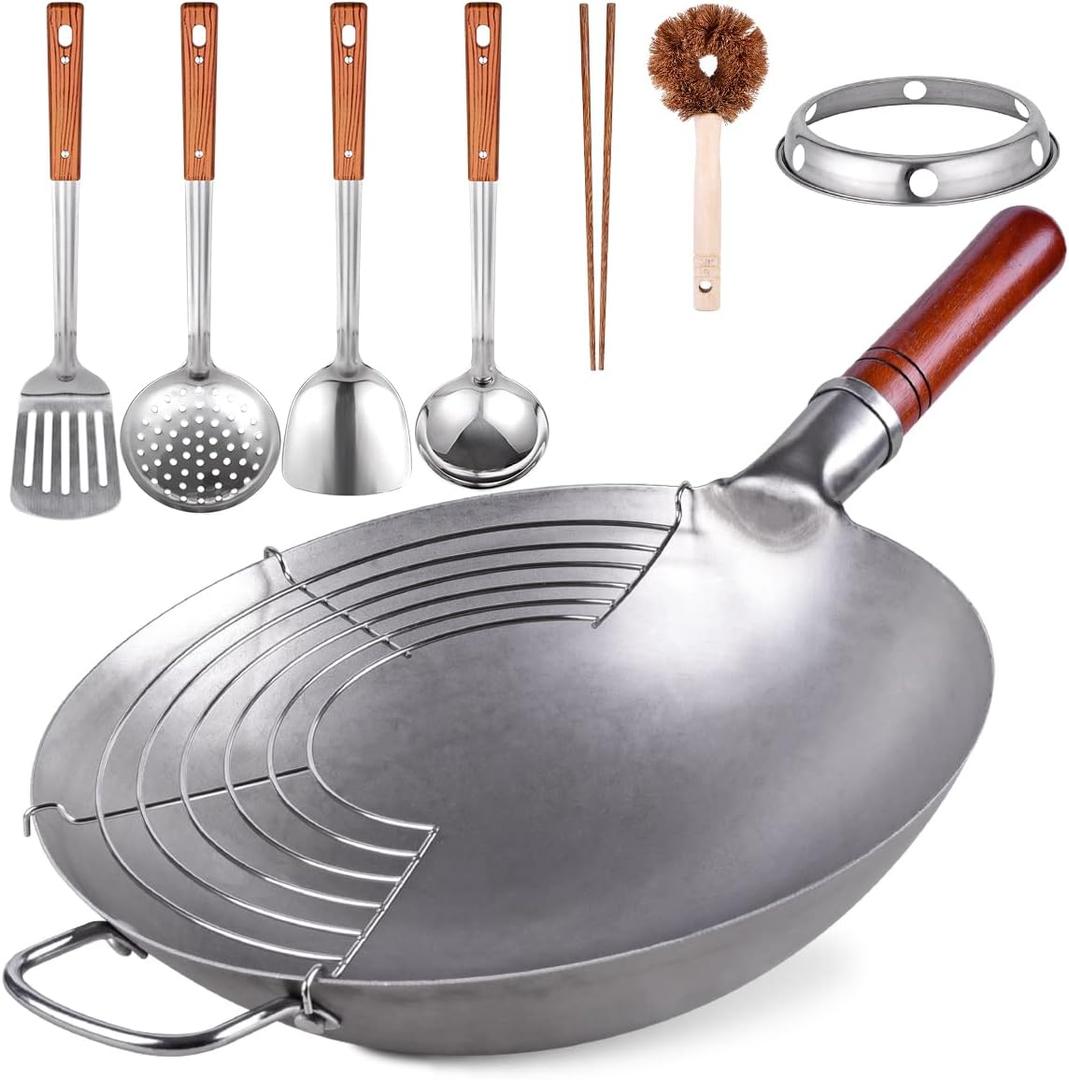 Teewe Carbon Steel Wok Traditional Hand Hammered - 13.4" Chinese Woks Round Bottom Wok Pan Set with 8 Pcs Cookware Accessories