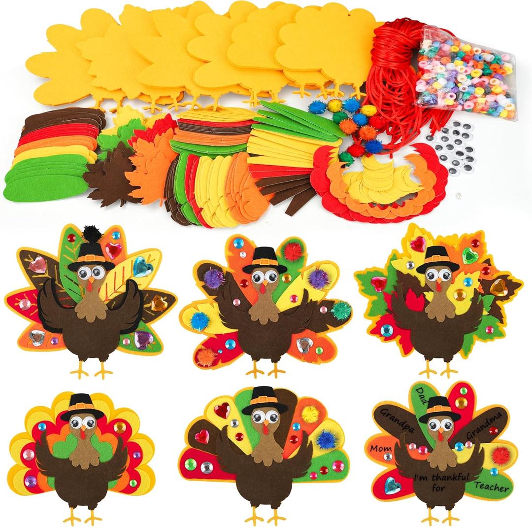 24 PCS Thanksgiving Turkey Craft Kit for Kids DIY Thanksgiving Turkey Necklace Crafts Colorful Turkeys Felt Stickers DIY Ornaments Decorations for Kids Party Favors Home Classroom Activities