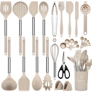 Kitchen Utensils Set, NCUE 28 Pcs Silicone Cooking Utensils Set with Holder, Spatula Set, Silicone Whisk, Scissors, Measuring Cups and Spoons Set with Stainless Steel Handle Kitchen Gadgets (Khaki)