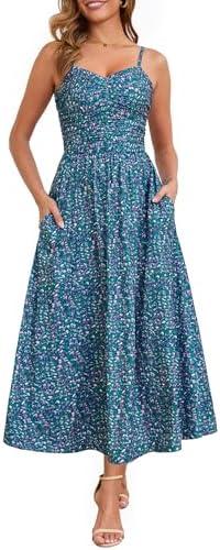 Annebouti Women 2025 Summer Fall Ruched Maxi Dress Adjustable Spaghetti Strap Floral Beach Long Sundress with Pockets S Purple Green Annebouti Women 2025 Summer Fall Ruched Maxi Dress Adjustable Spaghetti Strap Floral Beach Long Sundress with Pockets S Purple Green