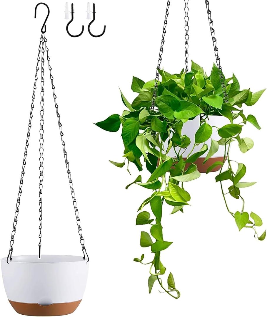 Set of 2 Hanging Planters for Indoor Outdoor Plants, 8 Inch Self-Watering Hanging Flower Pots with Drainage Hole & Removable Water-Storage Tray (Hooks) (White)