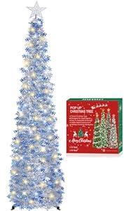 HMASYO 5 FT Pop Up Christmas Tree with Timer Lights, Silver Tinsel Snowflake Christmas Tree, Collapsible Artificial Pencil Tree Xmas Decoration for Home, Office, Party, Easy Assembly