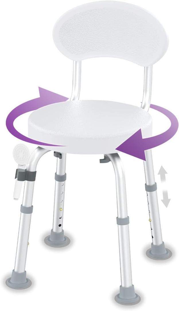 Swivel Shower Chair, 360 Non-Slip Shower Seat with Backrest for Elderly and Disabled, Height Adjustable Rotating Tub Bench for Seniors Bathroom Inside Shower with Compact Frame (White)