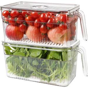 2 Pack Plastic Food Storage Produce Containers for Fridge, Stackable Lettuce Keeper for Refrigerator with Removable Drain Tray Keep Fresh for Vegetables/Fruit/Berry/Salad - 10'' x 5.3'' x 5.2''