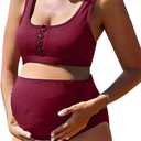 Summer Mae Maternity Ribbed High Waist Swimsuit Crop Top Bikini Bathing Suit High Cut Two Piece Pregnancy Swimwear (Medium, Wine Red)