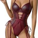 Avidlove Sexy Lingerie for Women Leather Teddy Lingerie Mesh Bodysuit Garter Belt Set S-XXL(No leg ring) (Medium, Dark Red)