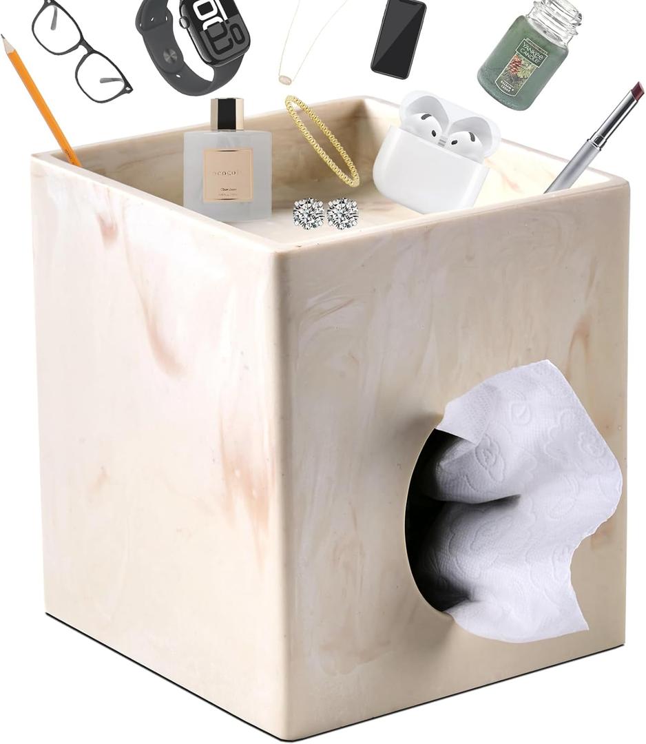 Beige Natural Marble Stone Textures Square Tissue Box Cover with Storage Tray, 2-in-1 Tissue Holder Decorative Organizer for Bathroom, Vanity, Kitchen Countertop, Bedroom Night Stands, Office Desk Top (Large with Tray, Yellow Marble)