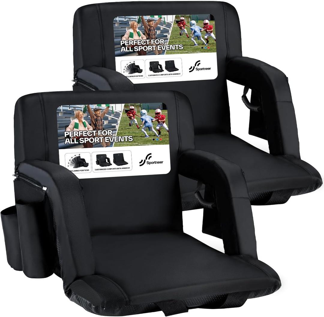 Sportneer Stadium Seats with Back Support: 2.5'' Thick Comfy Cushion 6 Adjustable Angle Bleacher Seat with Armrest - 2 Large Pockets, 2 Cup Holders Stadium Chair for Sport Events Concerts Parks (Non-Heated, Regular - 20.5", Black, 2 Pack)