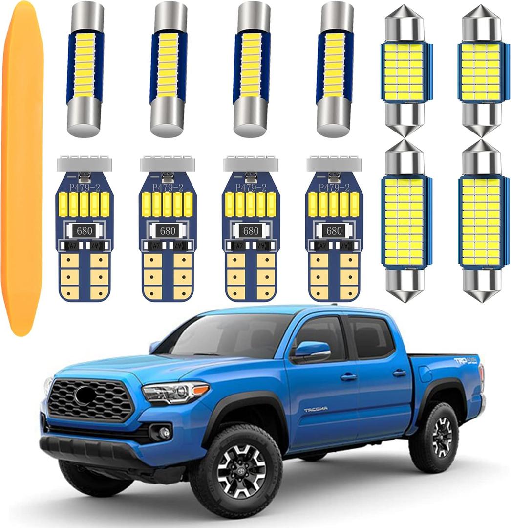 LED Interior Light Kit Package for Toyota Tacoma 2005-2021 Interior Map Dome Lights + Vanity Mirror Lights + License Plate Lights + Install Tool (12pcs LED bulbs total)