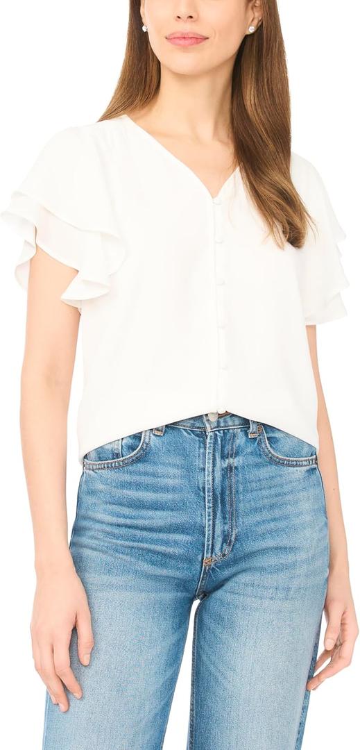 CeCe Double Flutter Sleeve Shirred Shoulder Top (White, L)