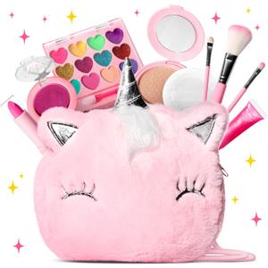 ULOVEME Kids Real Makeup Kit for Girls with Fluffy Purse - Real, Non Toxic, Washable Make Up Toy - Umicorn Toys Gift for 3 4 5 6 7 8 Years Old Girls Birthday (Pink Umicorn)