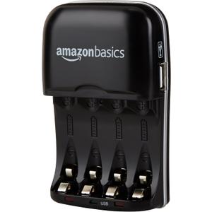 Amazon Basics Rechargeable Battery Charger for AA & AAA Ni-MH Batteries with USB Port, Portable, Travel-Friendly, Over-Charge Protection, Black