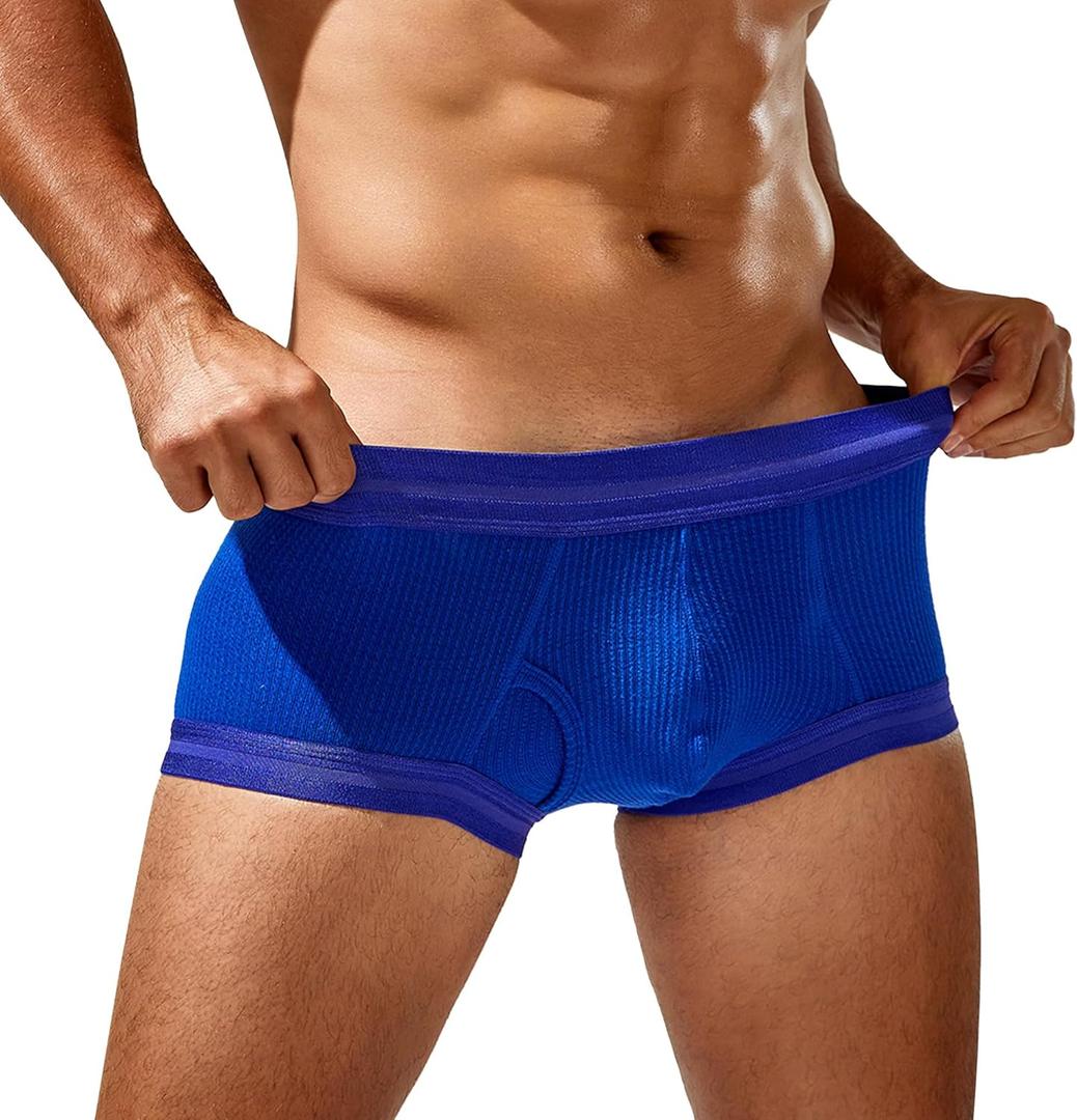 SEAUR Men's Pouch Boxer Briefs Seamless Ribbed Underwear Low Rise Breathable Trunks Stretchy Underpants (Blue-2), S