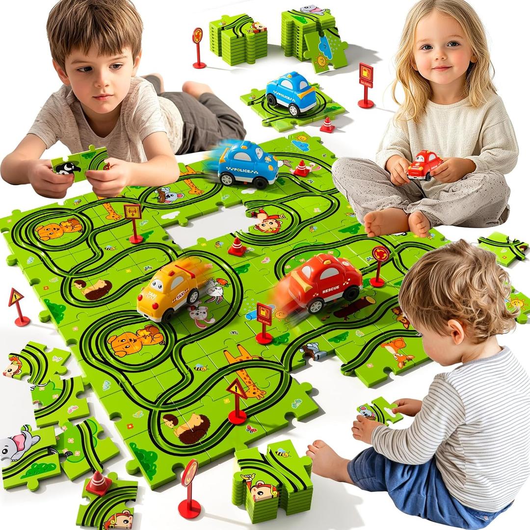 Beby Buty 64PCS Puzzle Race Track Car Set for Kids Boys, Floor Puzzle Tracks Car Toys for Boys Girls Ages 3-5 4-6, Toddler Toys Gifts for 3 4 5 Year Old, Ideal 3 4 5 6 Year Old Birthday Gifts