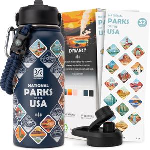 DYSANKY National Parks Water Bottle  32 oz Insulated Stainless Steel Water Jug with 63 Hand-Drawn Park Stickers, Outdoor Accessories & Gift Box  BPA-Free  Ideal for Hiking, Camping & Travel (Navy Blue)