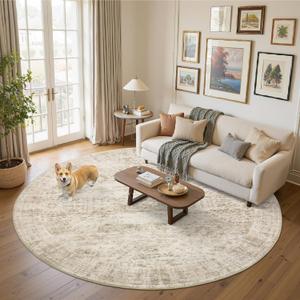 9x9 Beige Round Rug 9ft Living Room Circle Rug Vintage Round Area Rug Non Slip Indoor Carpet for Apartment