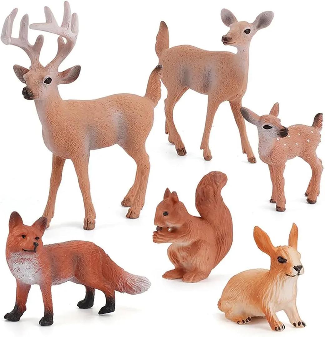 MEMOVAN Forest Animals Figures 6pcs Woodland Creatures Figurines Miniature Animals Toys Cake Toppers with Deer Family Fox Rabbit Squirrel Woodland Forest Themed Party Christmas Display