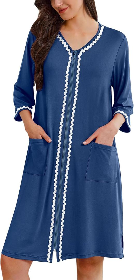Ekouaer Zipper Robes for Women 3/4 Sleeves Lightweight House Coat Zip Up Bathrobe Soft Nightgown with Pockets (Large, Navy)