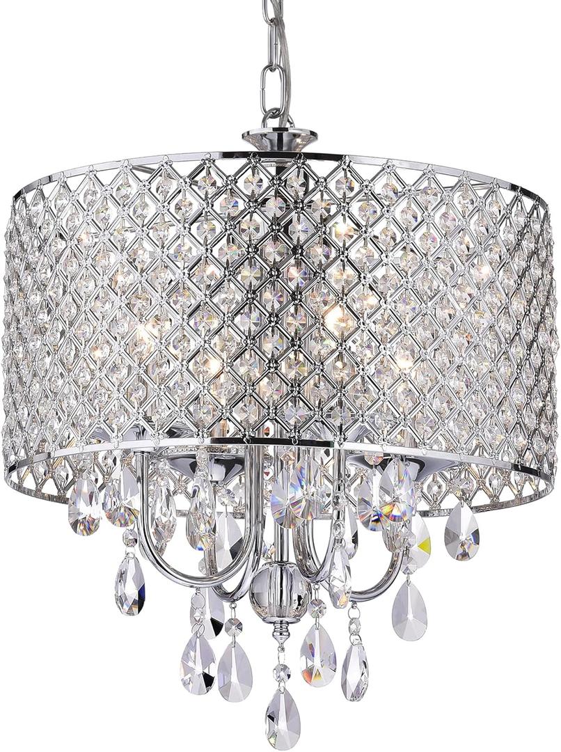 Edvivi Marya 4-Lights Chrome Round Crystal Chandelier Ceiling Fixture | Beaded Drum Shade