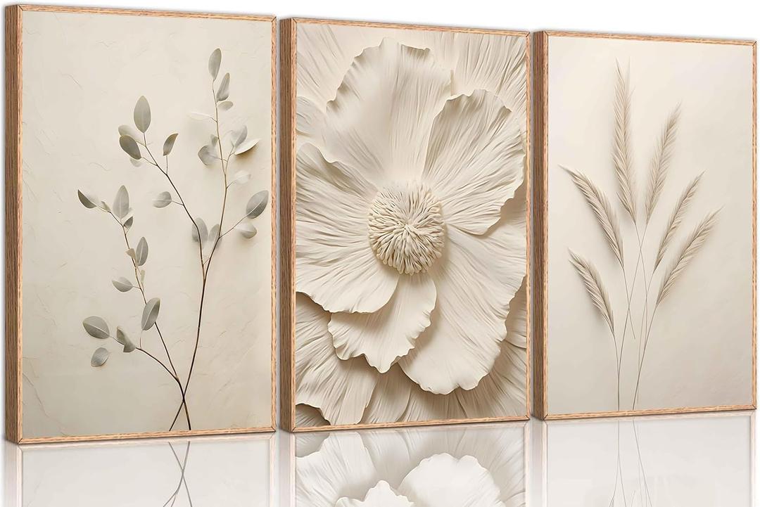 UZXTFQU 3Pcs Neutral Beige Floral Plant Poster Wall art Textured Flower Botanical Painting Picture Wall Decor Vintage Blossom Prints for Living Room Bedroom Bathroom Decor Unframed