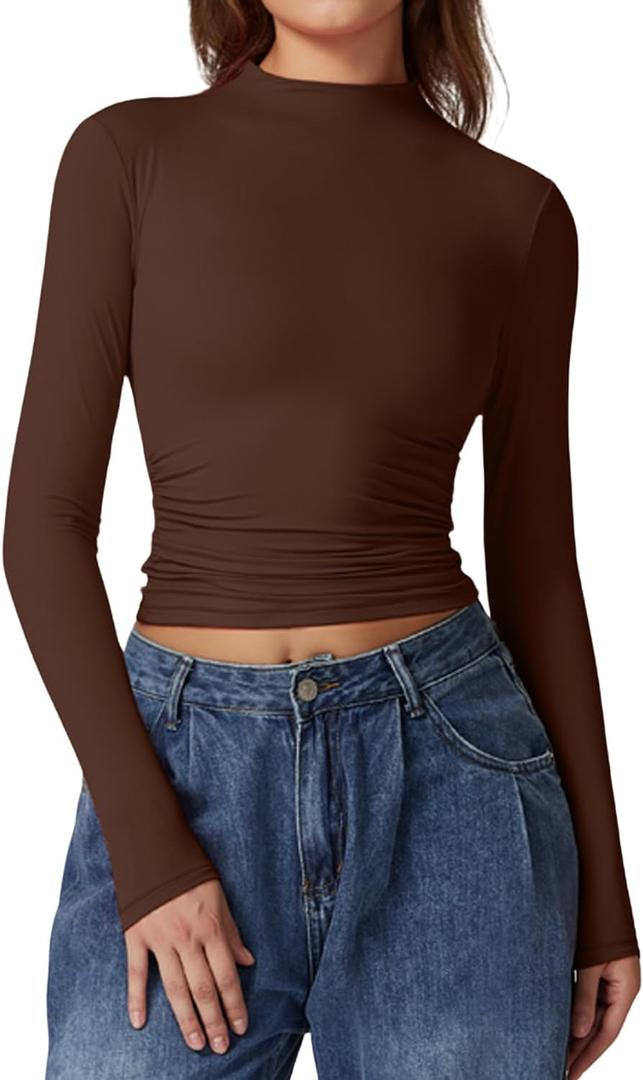 QINSEN Womens Mock Neck Long Sleeve Shirt Double Lined Basic Tees Side Ruched Going Out Crop Tops (X-Small, Brown(chestnut))